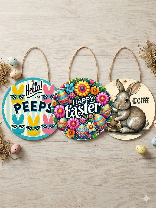 3 PCS Easter Wooden Hanging Signs Round Wall Decor Bunny and Egg Designs 20cm Front Door Plaque - Image 1