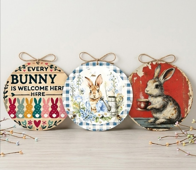Easter Wooden Door Sign & Hanging Ornament 3-Piece Set – Colorful Bunny Slogans, Blue Gingham Watering Can, and Coffee Bunny Designs - Image 1