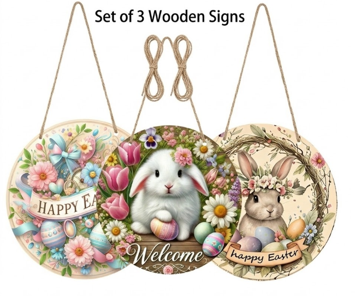 Easter Wooden Door Sign & Hanging Ornament 3-Piece Set – Happy Easter Flowers, Bunny Welcome, and Egg Wreath Designs - Image 1