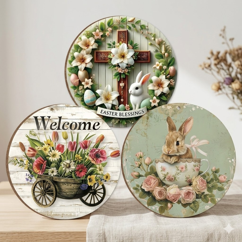 Easter Wooden Door Sign & Hanging Ornament 3-Piece Set – Festive Bunny, Tulip Flower Cart, and Rose Teacup Bunny Designs - Image 1