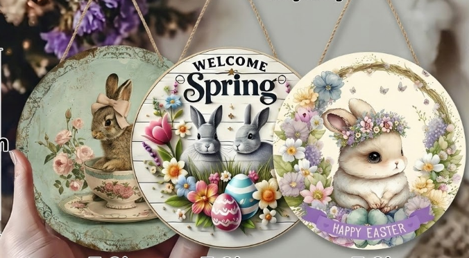 Easter Wooden Door Sign & Hanging Ornament 3-Piece Set – Bowknot Teacup Bunny, Twin Grey Rabbits, and Floral Wreath Bunny Designs - Image 1