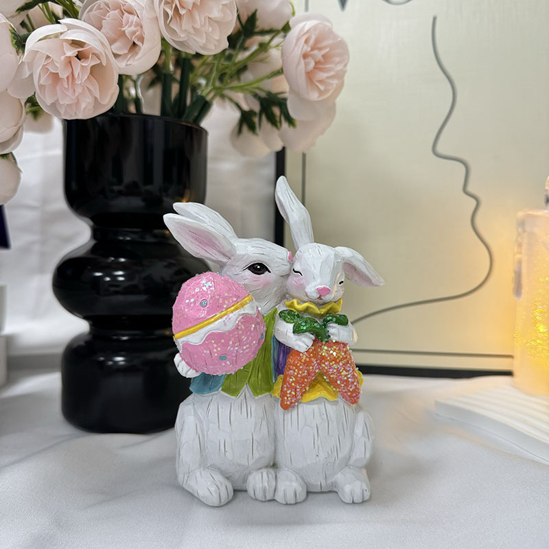 Easter Bunny & Carrot Figurine Set – Cute Rabbit Couple Indoor Home Decoration Resin Craft Ornaments - Image 1
