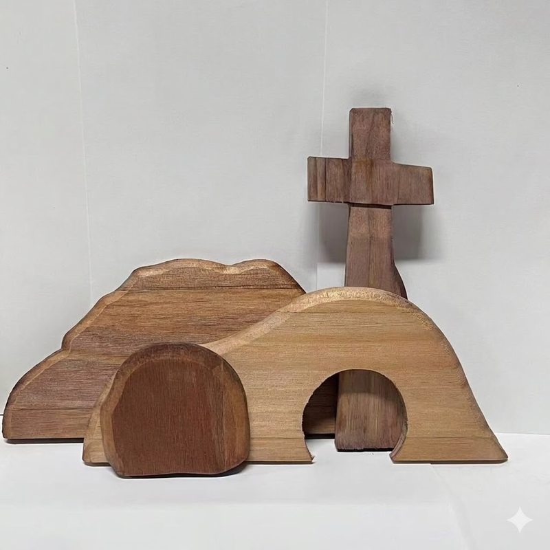 Easter Resurrection Scene Wooden Tabletop Ornament – Handcrafted Cross & Tomb Commemorative Display - Image 1