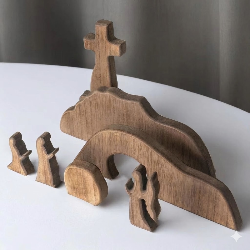 Easter Resurrection Scene 7-Piece Wooden Tabletop Set – Handcrafted Cross, Tomb, and Figurines Commemorative Display - Image 1