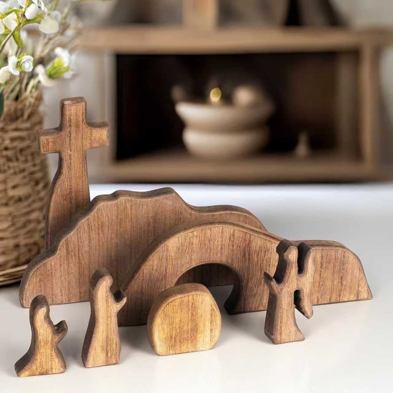 Easter Resurrection Scene Set Mini Wooden Figurine Ornament – Handcrafted Cross & Tomb Creative Tabletop Decoration - Image 1