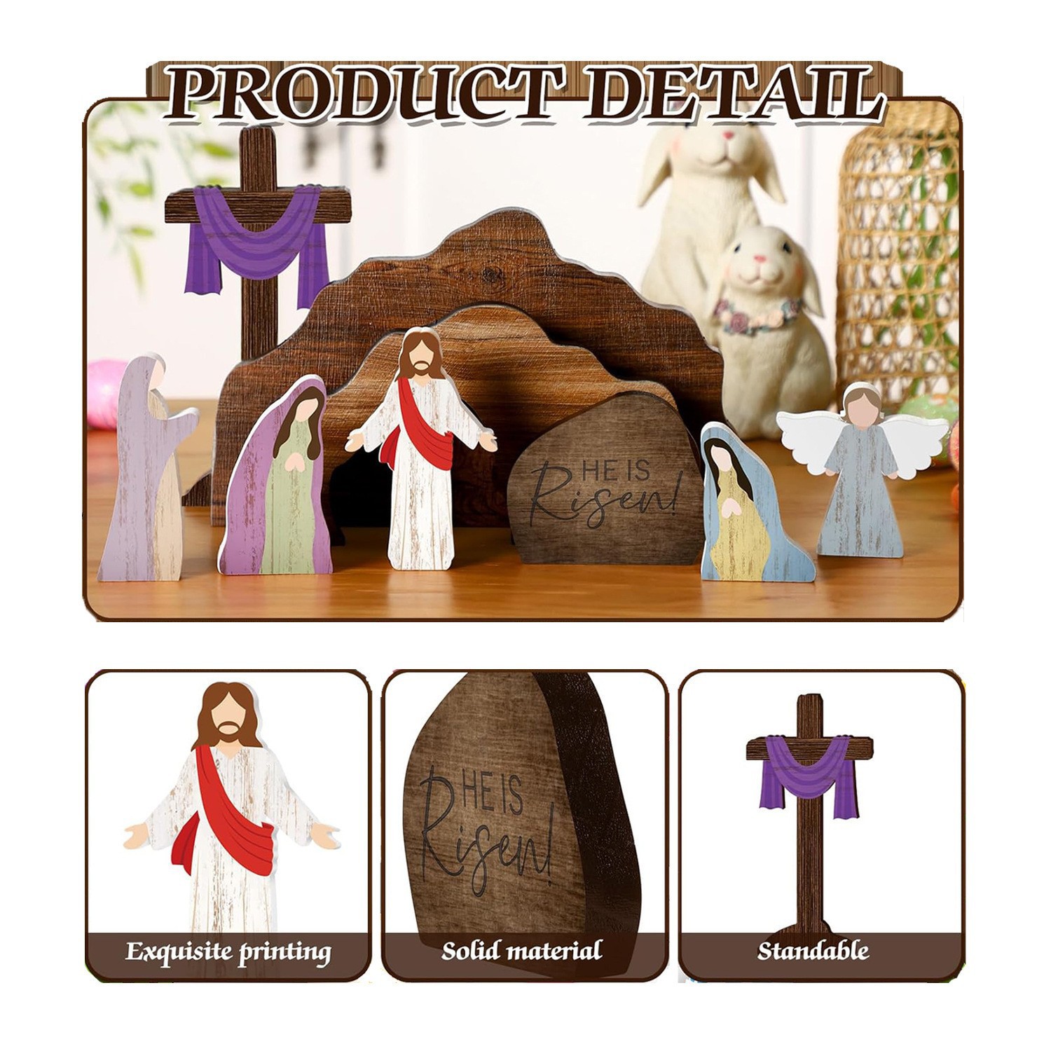 Easter Resurrection Scene Set Mini Wooden Figurine Ornament – Detailed Cross & Empty Tomb Creative Tabletop Decoration - Image 1