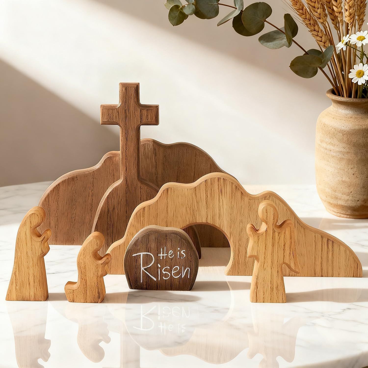 Easter Resurrection Scene Set Mini Wooden Figurine Ornament – Symbolic Cross & Open Tomb Creative Tabletop Decoration - Image 1