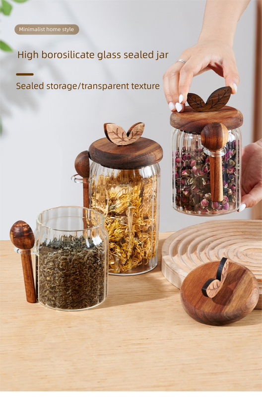 500ml Premium Borosilicate Glass Storage Jar with Acacia Wood Lid & Integrated Spoon – Airtight Moisture-Proof Kitchen Canister for Tea, Coffee, and Spices - Image 2