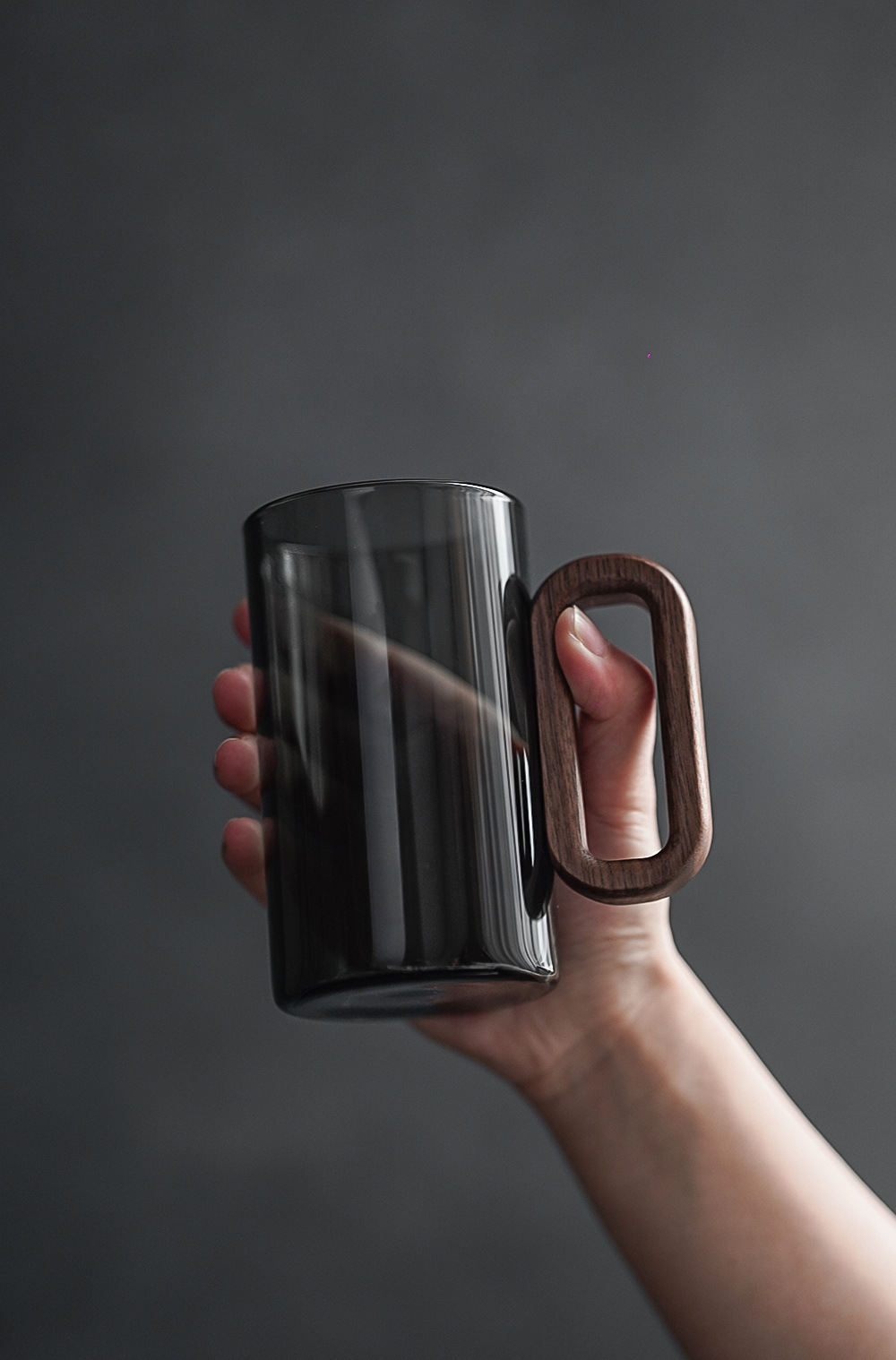 Smoky Grey Glass Tea Cup with Wooden Handle 360ml Heat-Resistant Hand-Blown Coffee Mug Modern Minimalist Drinkware - Image 1