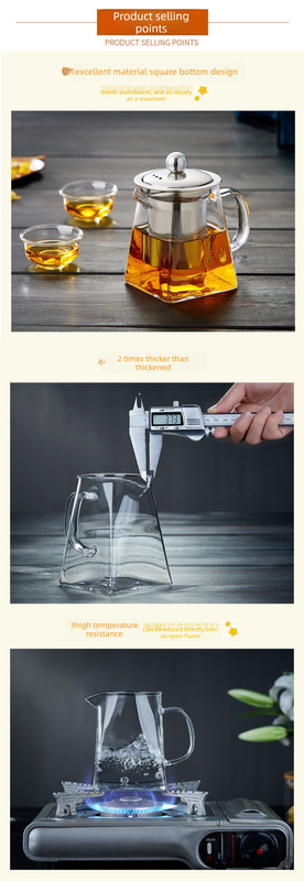 450ml Heat Resistant Glass Teapot with 304 Stainless Steel Infuser Square Base Loose Leaf Tea Maker for Home Office - Image 3