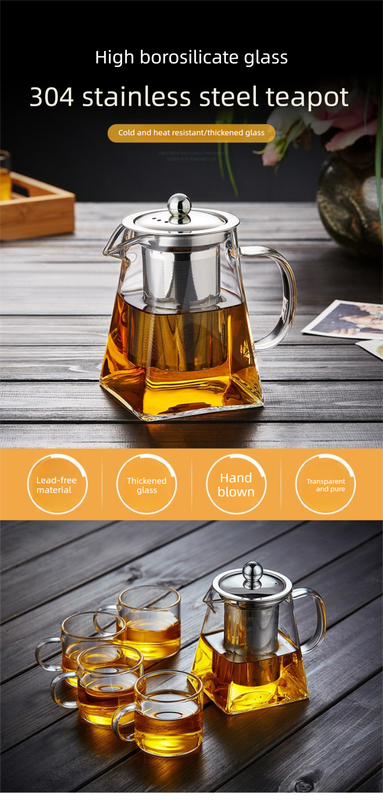 750ml Heat Resistant Glass Teapot with 304 Stainless Steel Infuser Thickened Square Base Loose Leaf Tea Maker for Home Office - Image 2