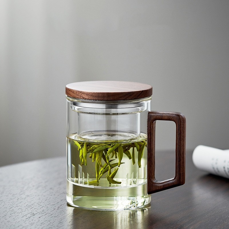 400ml Borosilicate Glass Tea Mug with Infuser and Walnut Wood Handle Clear Loose Leaf Teacup for Home Office - Image 1