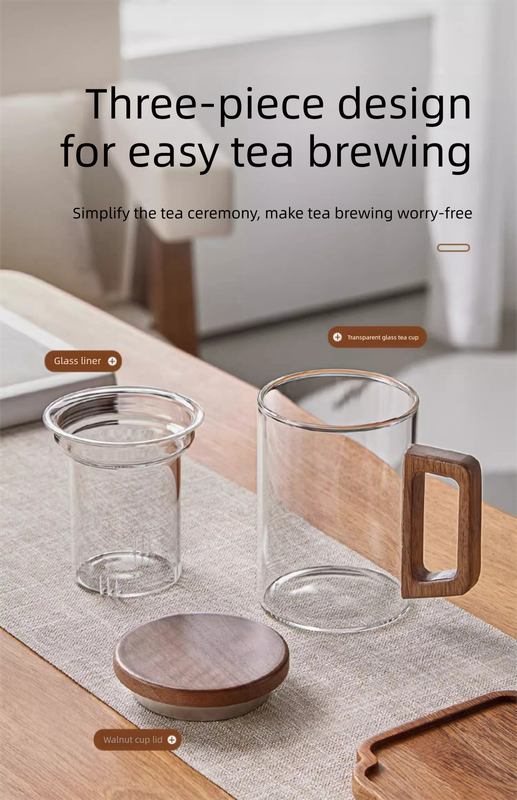 400ml Borosilicate Glass Tea Mug with Infuser and Walnut Wood Handle Clear Loose Leaf Teacup for Home Office - Image 3