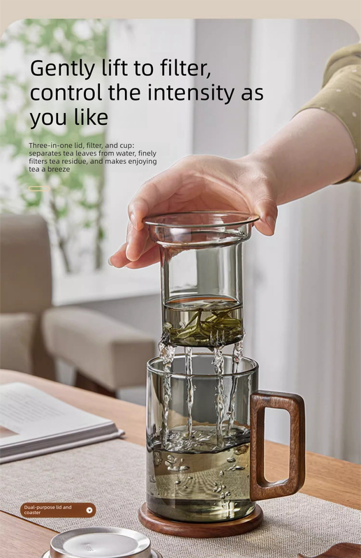400ml Borosilicate Glass Tea Mug with Infuser and Walnut Wood Handle Clear Loose Leaf Teacup for Home Office - Image 6