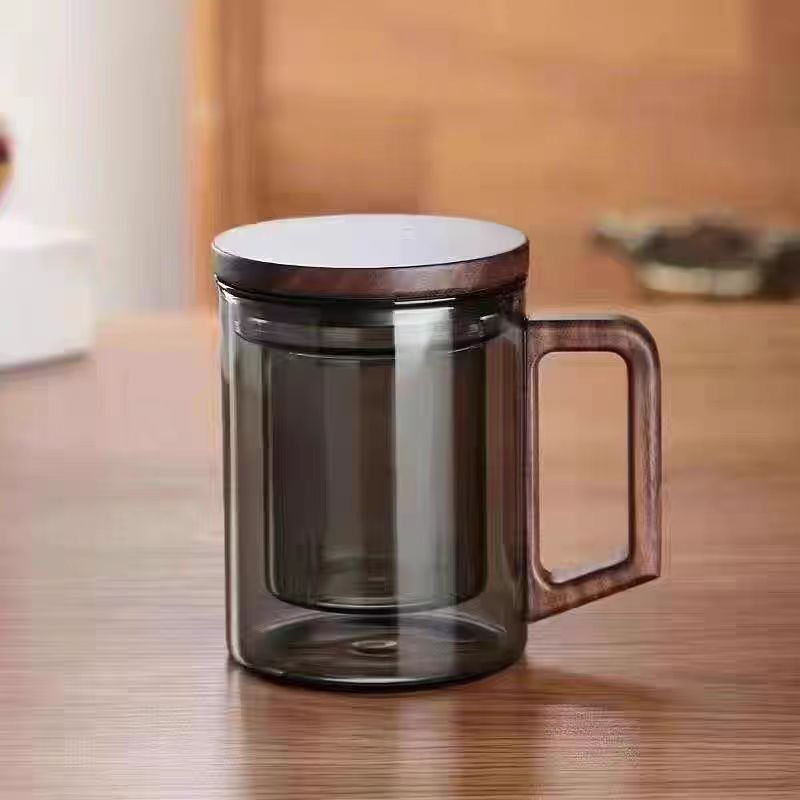 400ml Smoky Grey Borosilicate Glass Tea Mug with Infuser and Wooden Handle Loose Leaf Teacup for Office - Image 1