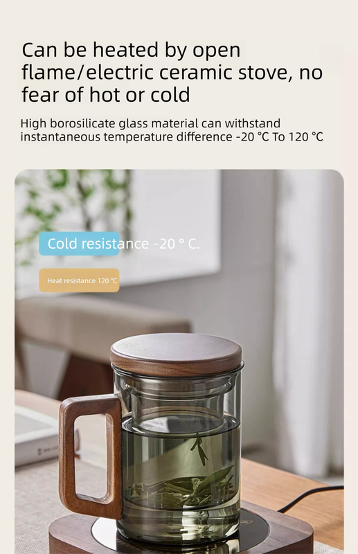 400ml Smoky Grey Borosilicate Glass Tea Mug with Infuser and Wooden Handle Loose Leaf Teacup for Office - Image 7