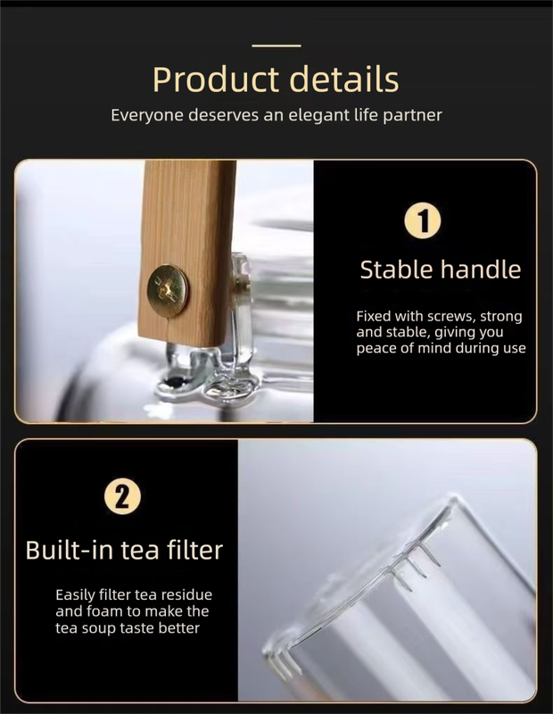 1500ml Heat Resistant Glass Teapot with Bamboo Handle and Glass Infuser Loose Leaf Tea Maker for Home - Image 2