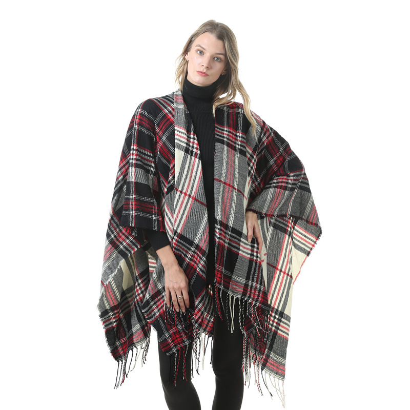 Women's Plaid Open-Front Poncho Cape – Soft Faux Cashmere Scarf Wrap with Tassel Detail (130 x 150cm)Style P26 - Image 1