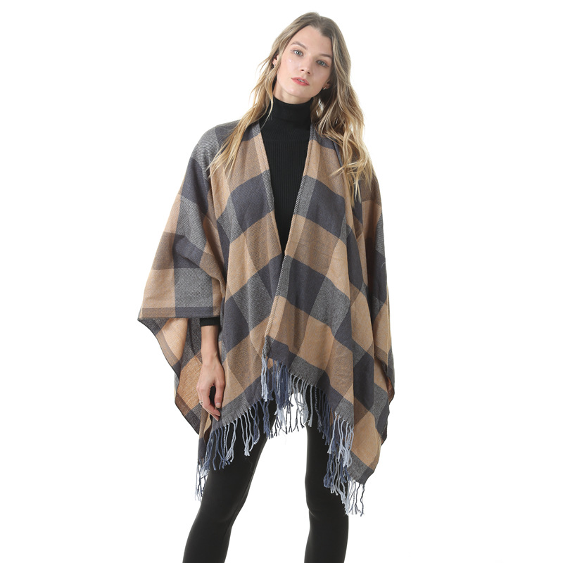 Women's Plaid Open-Front Poncho Cape – Soft Faux Cashmere Scarf Wrap with Tassel Detail (130 x 150cm)- Style P30 - Image 1