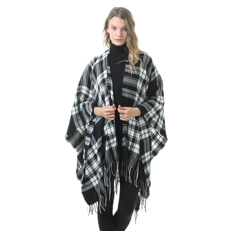 Women's Plaid Open-Front Poncho Cape – Soft Faux Cashmere Scarf Wrap with Tassel Detail (130 x 150cm)- Style P727 - Image 1