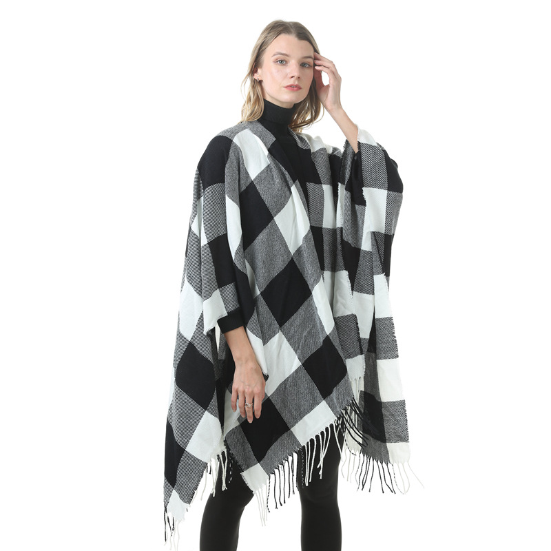 Women's Plaid Open-Front Poncho Cape – Soft Faux Cashmere Scarf Wrap with Tassel Detail (130 x 150cm)- Style P397 - Image 1