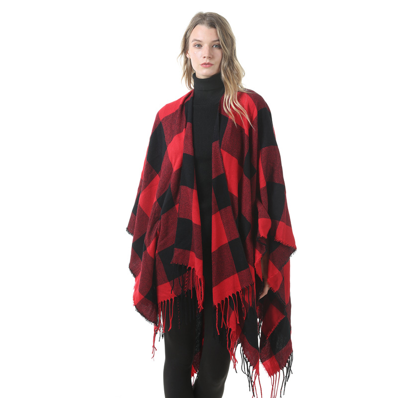 Women's Plaid Open-Front Poncho Cape – Soft Faux Cashmere Scarf Wrap with Tassel Detail (130 x 150cm)- Style P398 - Image 1