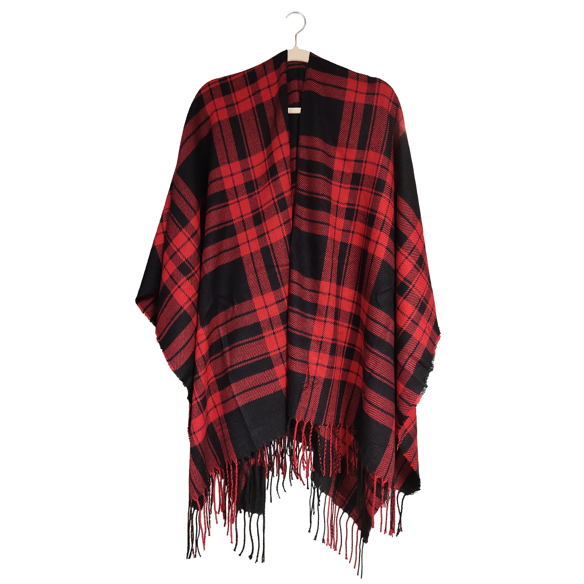 Women's Plaid Open-Front Poncho Cape – Soft Faux Cashmere Scarf Wrap with Tassel Detail (130 x 150cm)- Style P728 - Image 1