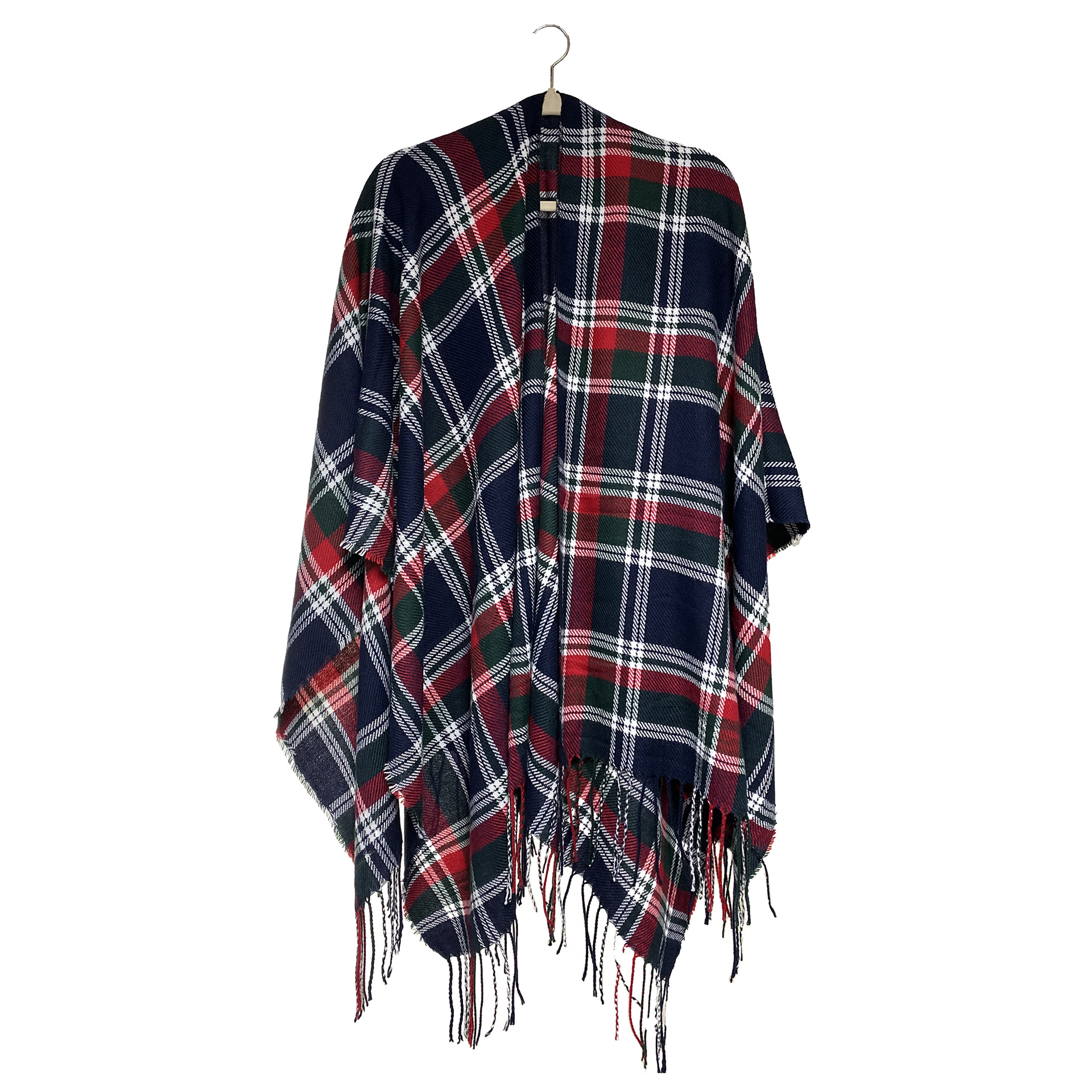 Women's Plaid Open-Front Poncho Cape – Soft Faux Cashmere Scarf Wrap with Tassel Detail (130 x 150cm)- Style P729 - Image 1