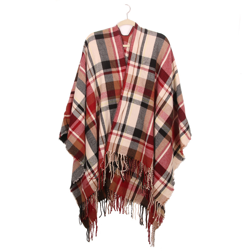 Women's Plaid Open-Front Poncho Cape – Soft Faux Cashmere Scarf Wrap with Tassel Detail (130 x 150cm)- Style A06 - Image 1