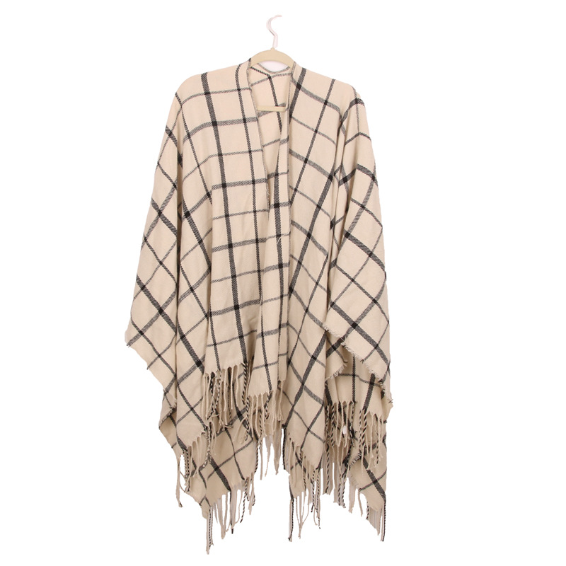 Women's Plaid Open-Front Poncho Cape – Soft Faux Cashmere Scarf Wrap with Tassel Detail (130 x 150cm)- Style A24 - Image 1
