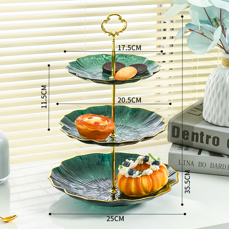 3-Tier Modern Fruit & Snack Stand – Green Reinforced Tiered Platter with Durable Iron Art Support for Home, Reception, and Office - Image 1