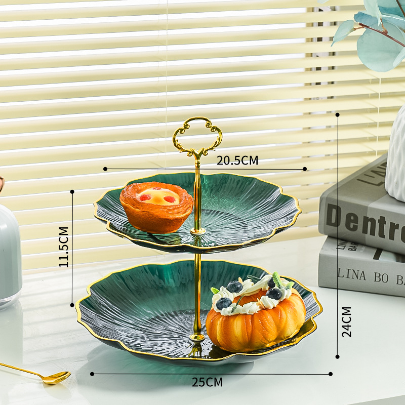 2-Tier Modern Fruit & Snack Stand – Green Reinforced Tiered Platter with Durable Iron Art Support for Home, Reception, and Office - Image 1