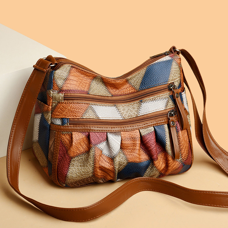 Lightweight PU Leather Pleated Shoulder Bag with Contrast Color Patchwork - Multi-Zipper Large Capacity Satchel for Women - Image 1