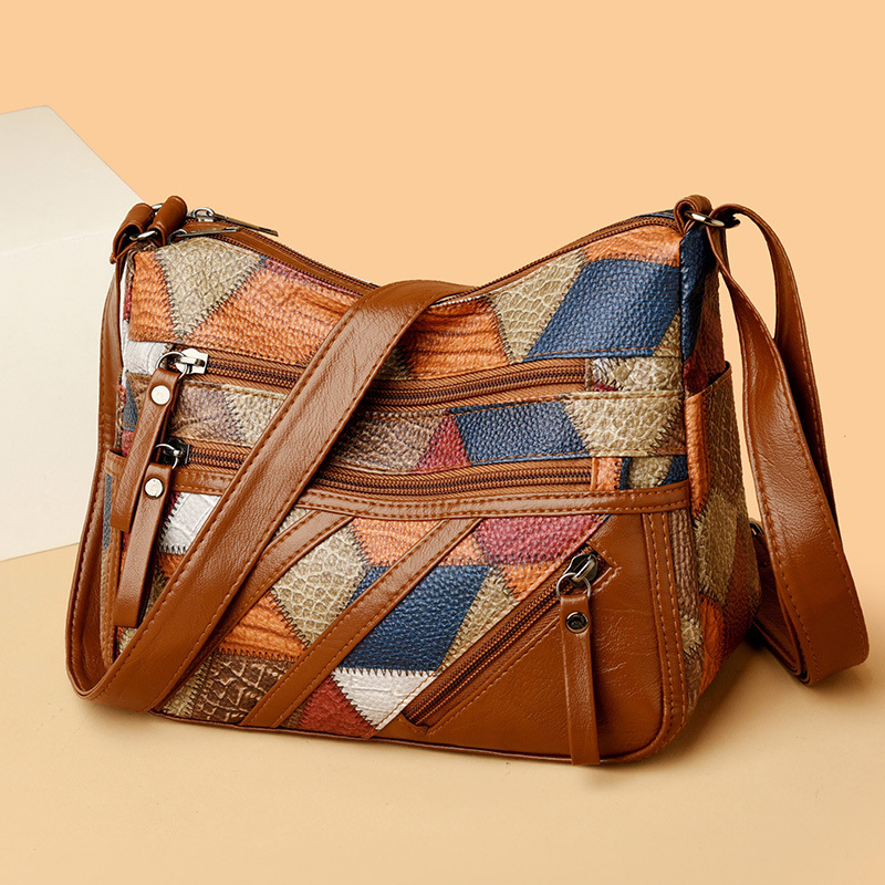 Lightweight Contrast Color Patchwork Shoulder Bag - Multi-Zipper Large Capacity PU Leather Satchel for Women(Style 3) - Image 1