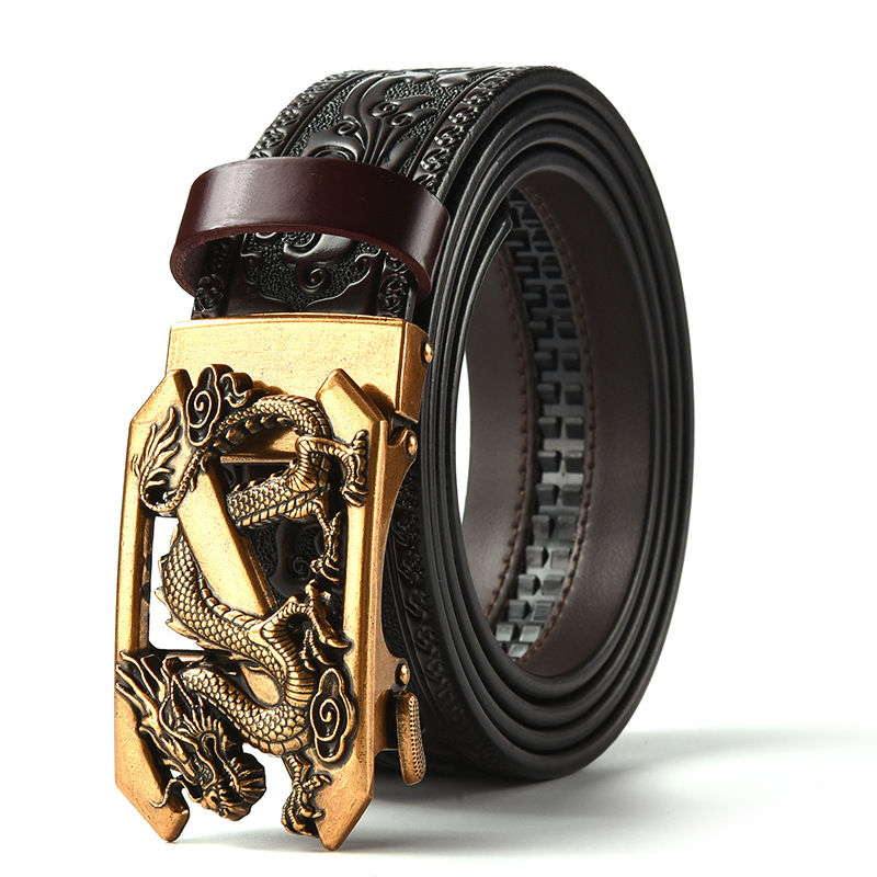 Brown 120CM Men's Genuine Cowhide Vintage Carved Belt with Gold Dragon Design Automatic Sliding Buckle - Image 1
