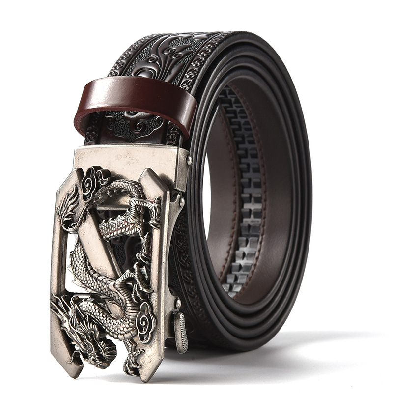 Brown 120CM Men's Genuine Cowhide Vintage Carved Belt with Sliver Dragon Design Automatic Sliding Buckle - Image 1