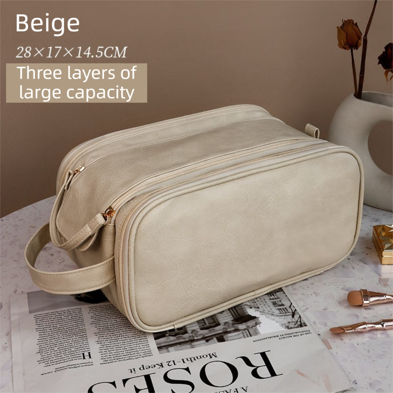 Beige Premium TPU Leather Dual-Zipper Cosmetic Bag with 3 Dry & Wet Separation Zone - Large Capacity Travel Toiletries Organizer - Image 1