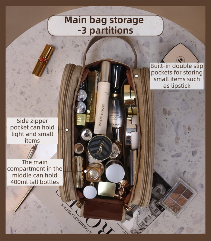 Beige Premium TPU Leather Dual-Zipper Cosmetic Bag with 3 Dry & Wet Separation Zone - Large Capacity Travel Toiletries Organizer - Image 5