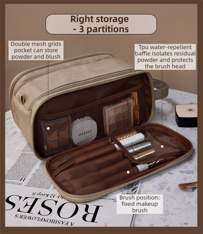 Beige Premium TPU Leather Dual-Zipper Cosmetic Bag with 3 Dry & Wet Separation Zone - Large Capacity Travel Toiletries Organizer - Image 6
