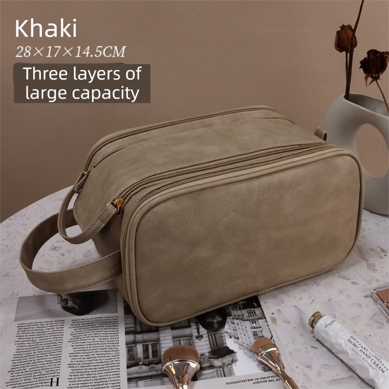 Khaki Premium TPU Leather Dual-Zipper Cosmetic Bag with 3 Dry & Wet Separation Zone - Large Capacity Travel Toiletries Organizer - Image 1