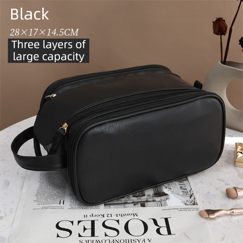 Black Premium TPU Leather Dual-Zipper Cosmetic Bag with 3 Dry & Wet Separation Zone - Large Capacity Travel Toiletries Organizer - Image 1