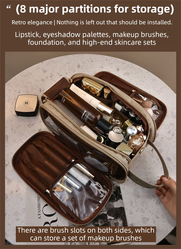 Black Premium TPU Leather Dual-Zipper Cosmetic Bag with 3 Dry & Wet Separation Zone - Large Capacity Travel Toiletries Organizer - Image 3