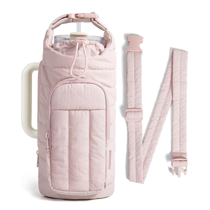 Pink Nylon Quilted Insulated Water Bottle Bag for 18-64oz Flask - Lightweight Sports & Travel Puffer Shockproof Protective Pouch - Image 1