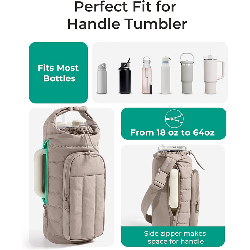 Pink Nylon Quilted Insulated Water Bottle Bag for 18-64oz Flask - Lightweight Sports & Travel Puffer Shockproof Protective Pouch - Image 3