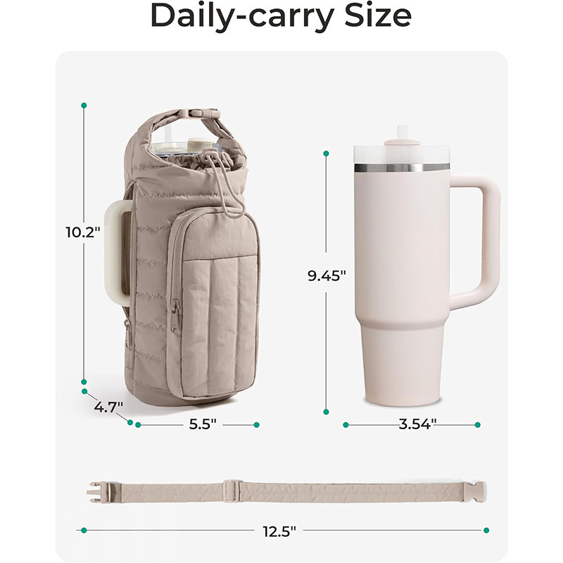 Pink Nylon Quilted Insulated Water Bottle Bag for 18-64oz Flask - Lightweight Sports & Travel Puffer Shockproof Protective Pouch - Image 5
