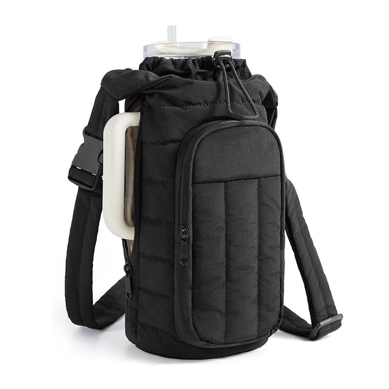 Black Nylon Quilted Insulated Water Bottle Bag for 18-64oz Flask - Lightweight Sports & Travel Puffer Shockproof Protective Pouch - Image 1