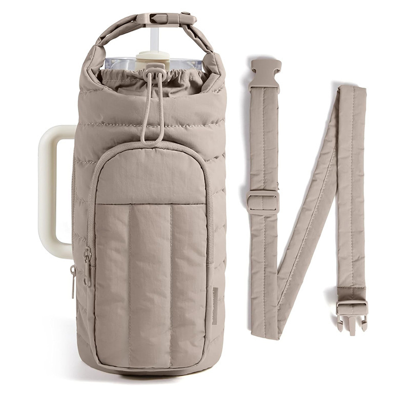 Khaki Nylon Quilted Insulated Water Bottle Bag for 18-64oz Flask - Lightweight Sports & Travel Puffer Shockproof Protective Pouch - Image 1