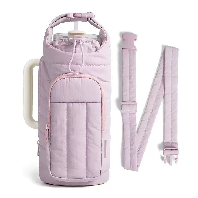 Purple Nylon Quilted Insulated Water Bottle Bag for 18-64oz Flask - Lightweight Sports & Travel Puffer Shockproof Protective Pouch - Image 1