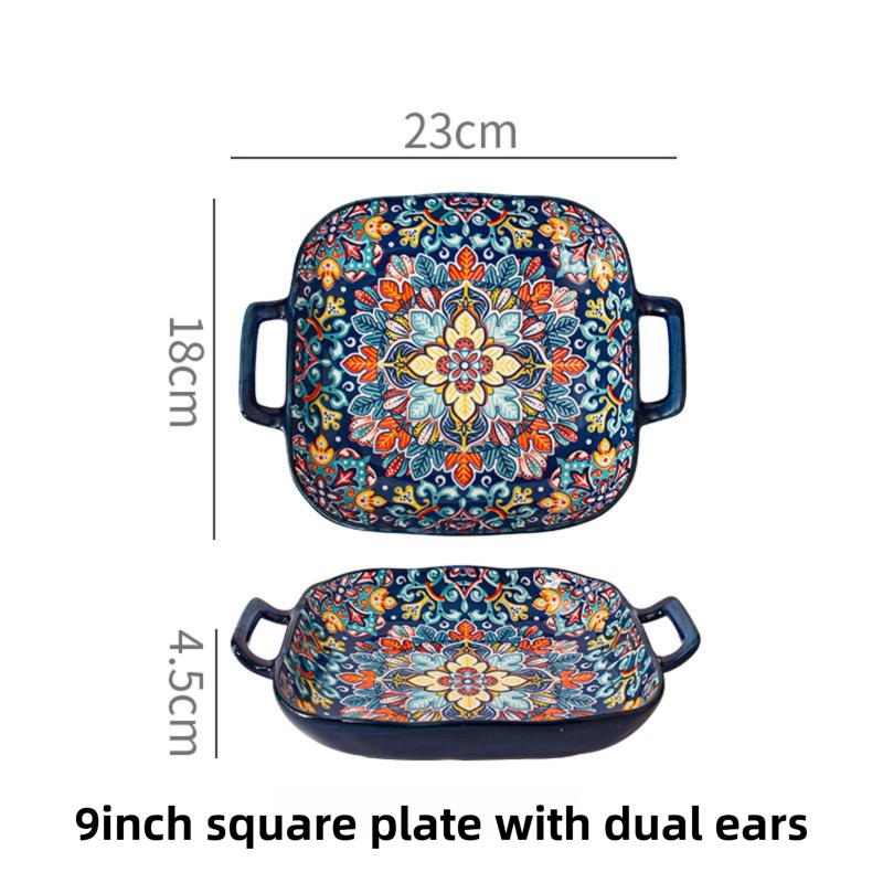 9-Inch Underglaze Ceramic Square Serving Plate with Dual Handles (Baroque) - Microwave and Oven Safe Pasta & Fruit Tray - Image 1