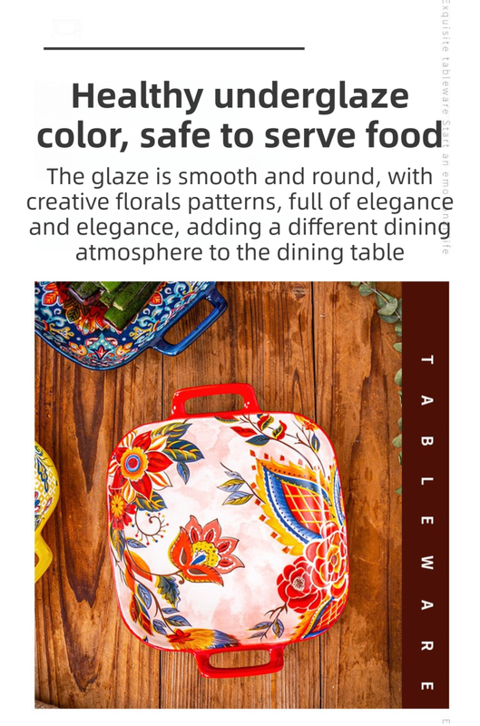 9-Inch Underglaze Ceramic Square Serving Plate with Dual Handles (Baroque) - Microwave and Oven Safe Pasta & Fruit Tray - Image 2